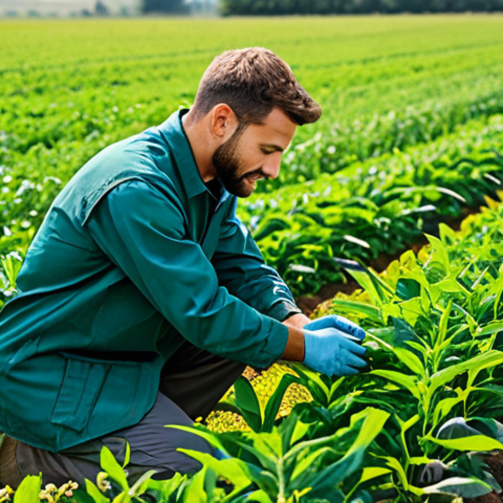 A male sustainable agriculture technician, fully clothed in modest professional field attire including a work jacket and durable pants, kneeling in a vibrant, healthy agricultural field. He is examining a lush green plant with a focused, analytical expression, one hand gently touching the plant, the other holding a small soil analysis tool. The background features a vast, well-managed field with diverse crops stretching to the horizon under a bright, clear sky. Professional photography, high resolution, natural lighting, perfect anatomy, correct proportions, natural pose, well-formed hands, proper finger count, natural body proportions, safe for work, appropriate content, fully clothed, professional, family-friendly.