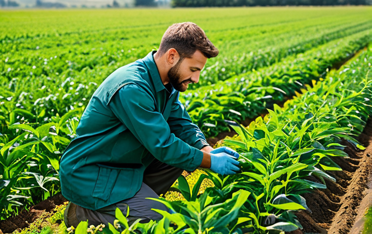 A male sustainable agriculture technician, fully clothed in modest professional field attire including a work jacket and durable pants, kneeling in a vibrant, healthy agricultural field. He is examining a lush green plant with a focused, analytical expression, one hand gently touching the plant, the other holding a small soil analysis tool. The background features a vast, well-managed field with diverse crops stretching to the horizon under a bright, clear sky. Professional photography, high resolution, natural lighting, perfect anatomy, correct proportions, natural pose, well-formed hands, proper finger count, natural body proportions, safe for work, appropriate content, fully clothed, professional, family-friendly.
