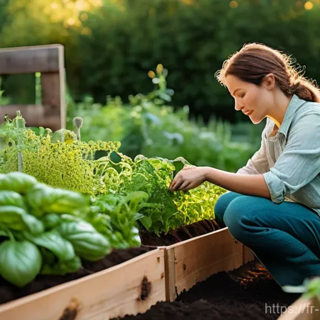 친환경농업 실무 교육 과정 - **A passionate gardener deeply observing a thriving organic garden under the warm, early morning sun...