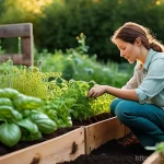 친환경농업 실무 교육 과정 - **A passionate gardener deeply observing a thriving organic garden under the warm, early morning sun...