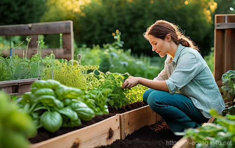 친환경농업 실무 교육 과정 - **A passionate gardener deeply observing a thriving organic garden under the warm, early morning sun...