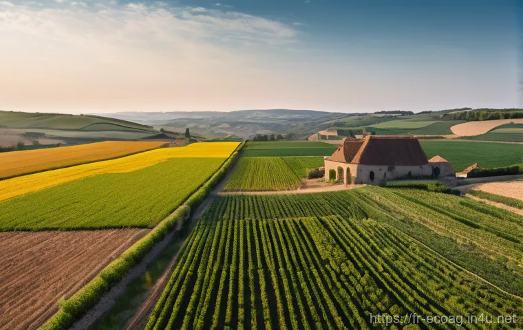 친환경농업 기술의 장기적인 전망 - **Prompt:** A serene, wide-angle shot of a cutting-edge French agricultural landscape during the gol...