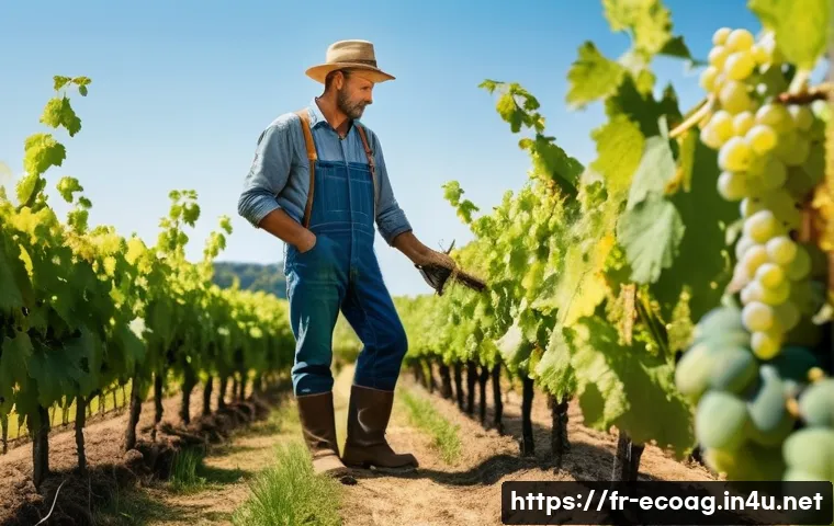 친환경농업 자격증 취득의 장단점 - A professional organic farmer in a lush French countryside vineyard, wearing practical work clothes ...