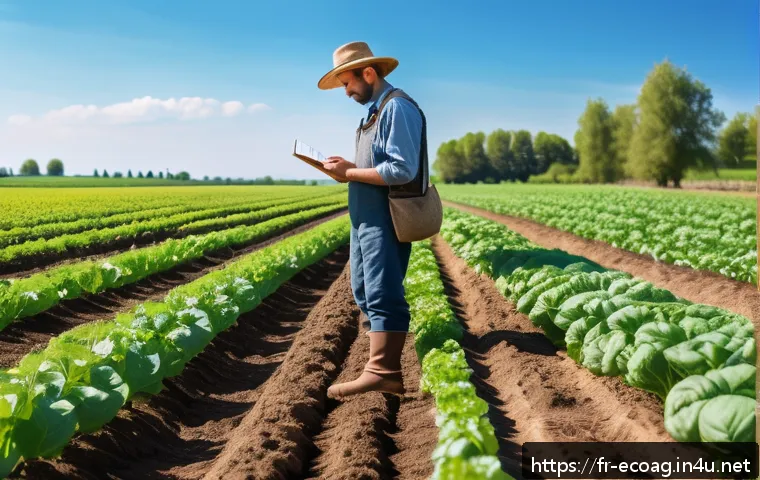 친환경농업기술자 자격시험 일정 - A professional French organic farm landscape in spring, showing diverse crops growing in neat rows, ...