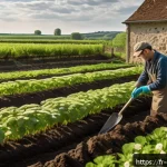 Home 19 친환경농업기술자 이론 학습을 위한 팁 - A vibrant regenerative farm scene in rural France during springtime, showcasing a lush vegetable gar...