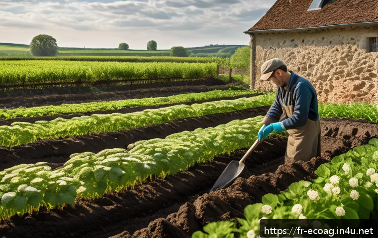 친환경농업기술자 이론 학습을 위한 팁 - A vibrant regenerative farm scene in rural France during springtime, showcasing a lush vegetable gar...