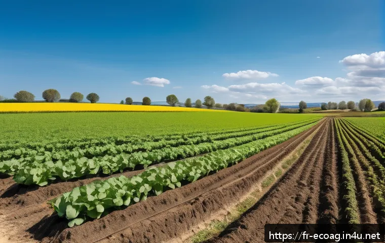 친환경농업기술자 자격증 취득을 위한 계획 - A vibrant organic farm landscape in rural France during springtime, showcasing diverse crop rotation...