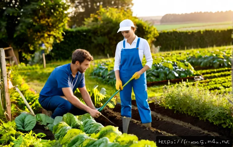 친환경농업 기술자 실무 경험 공유 - Photorealistic French organic farm at sunrise, experienced agricultural technician in practical work...